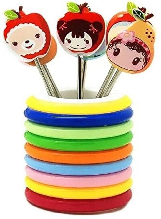 Prostuff.in Colourful Ring Style Stainless Steel Fruit Fork Stand with 8 Cartoon Shape Suitable for Fruit-Salad, Multi Color - Image 2